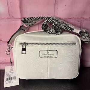 London Fog White Pebbled Crossbody with Black & White Woven Strap
